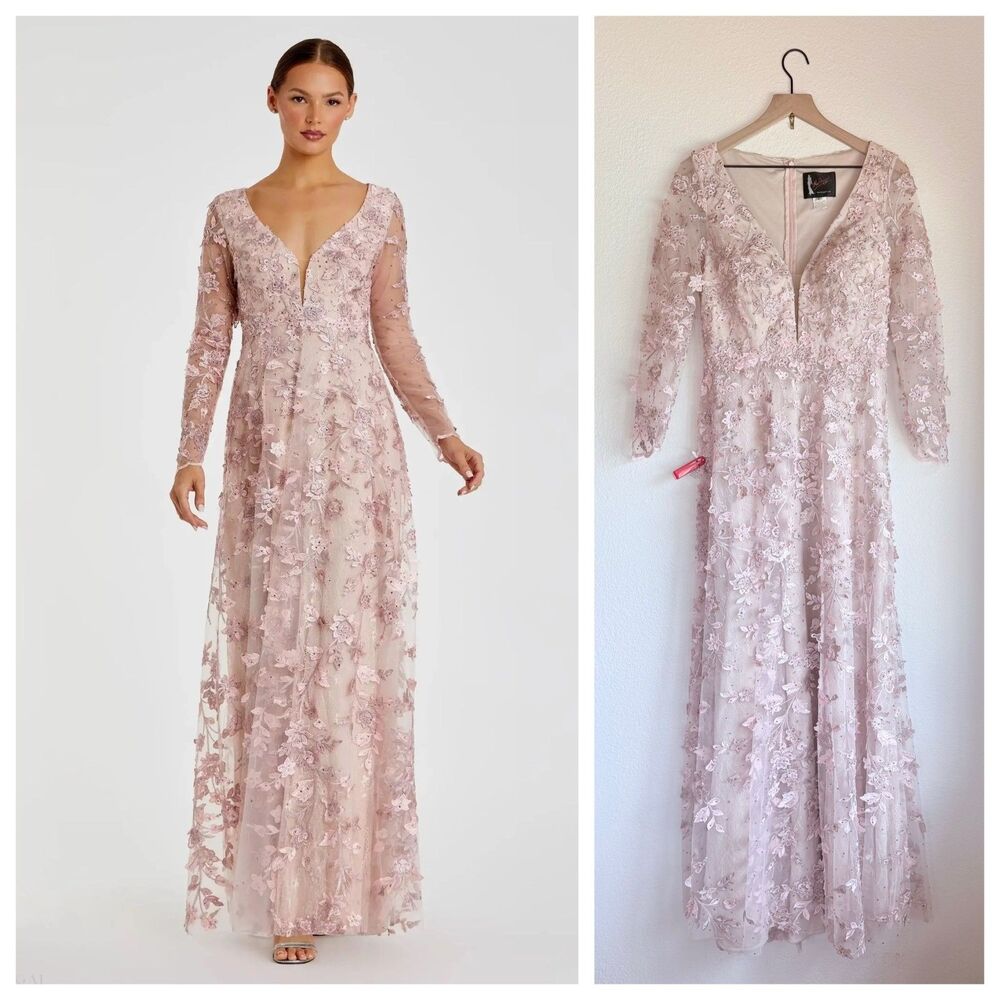 NWT Mac Duggal 70224 NWT Floral Applique Long Sleeve Illusion Gown Rose Pink 8